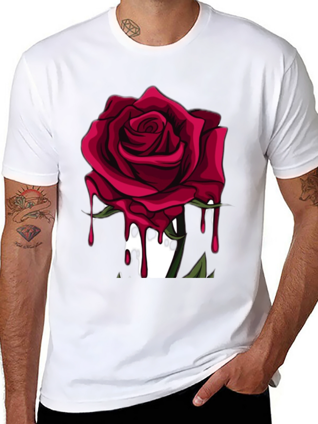 Mens Black T-Shirt with Red Rose Graphic