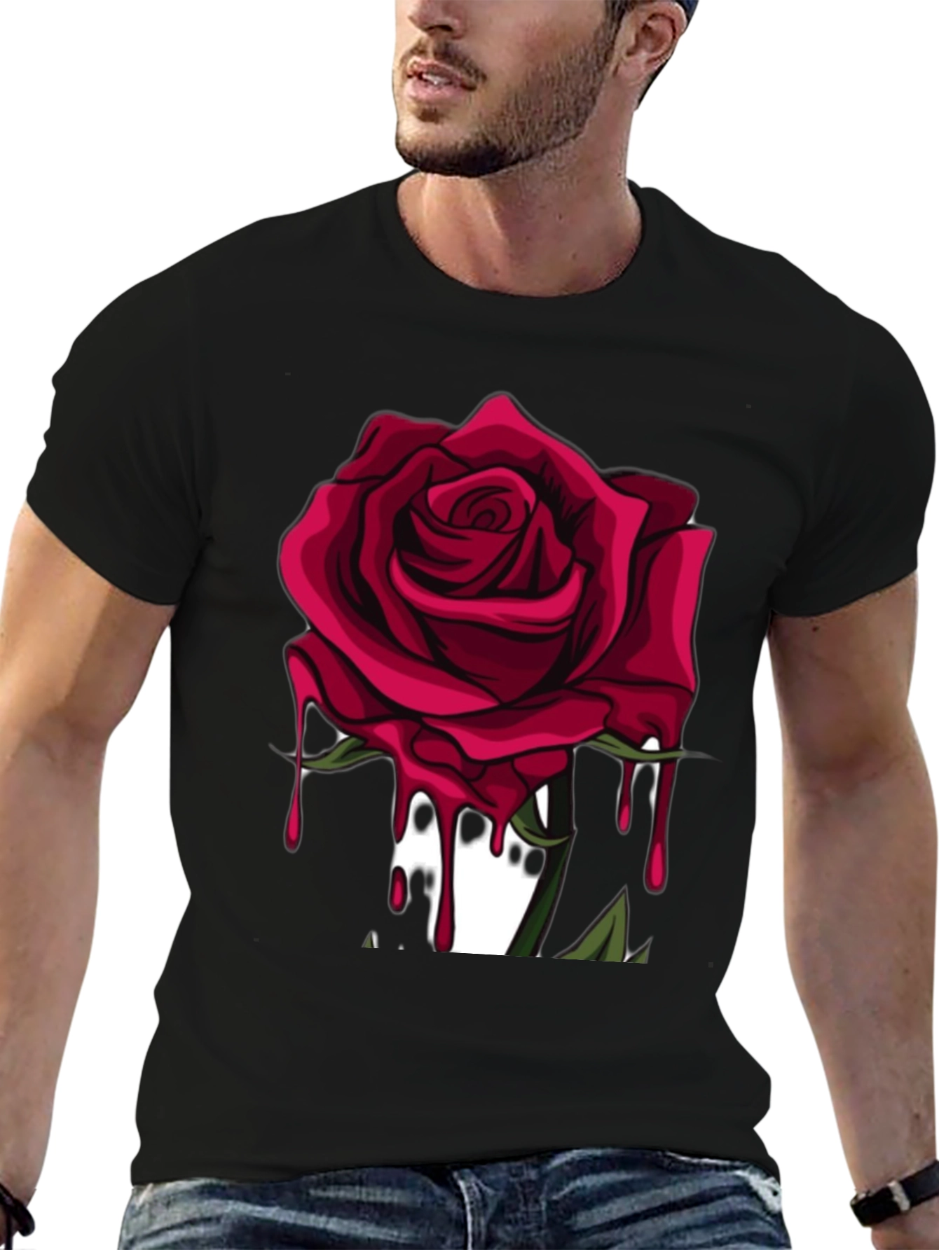 Mens Black T-Shirt with Red Rose Graphic