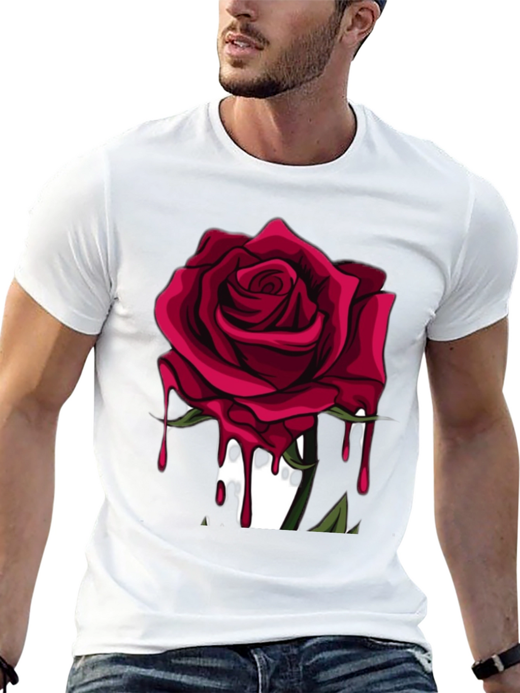 Mens Black T-Shirt with Red Rose Graphic