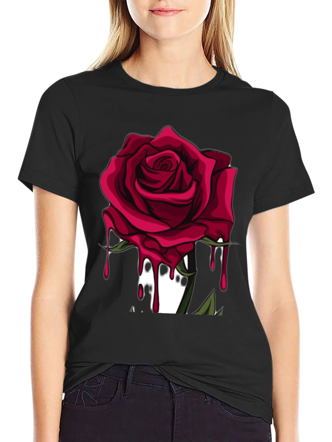 Mens Black T-Shirt with Red Rose Graphic