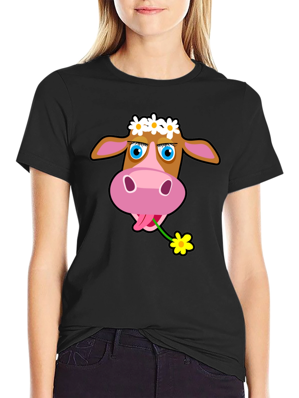 Cow with Flower T-Shirt - Black