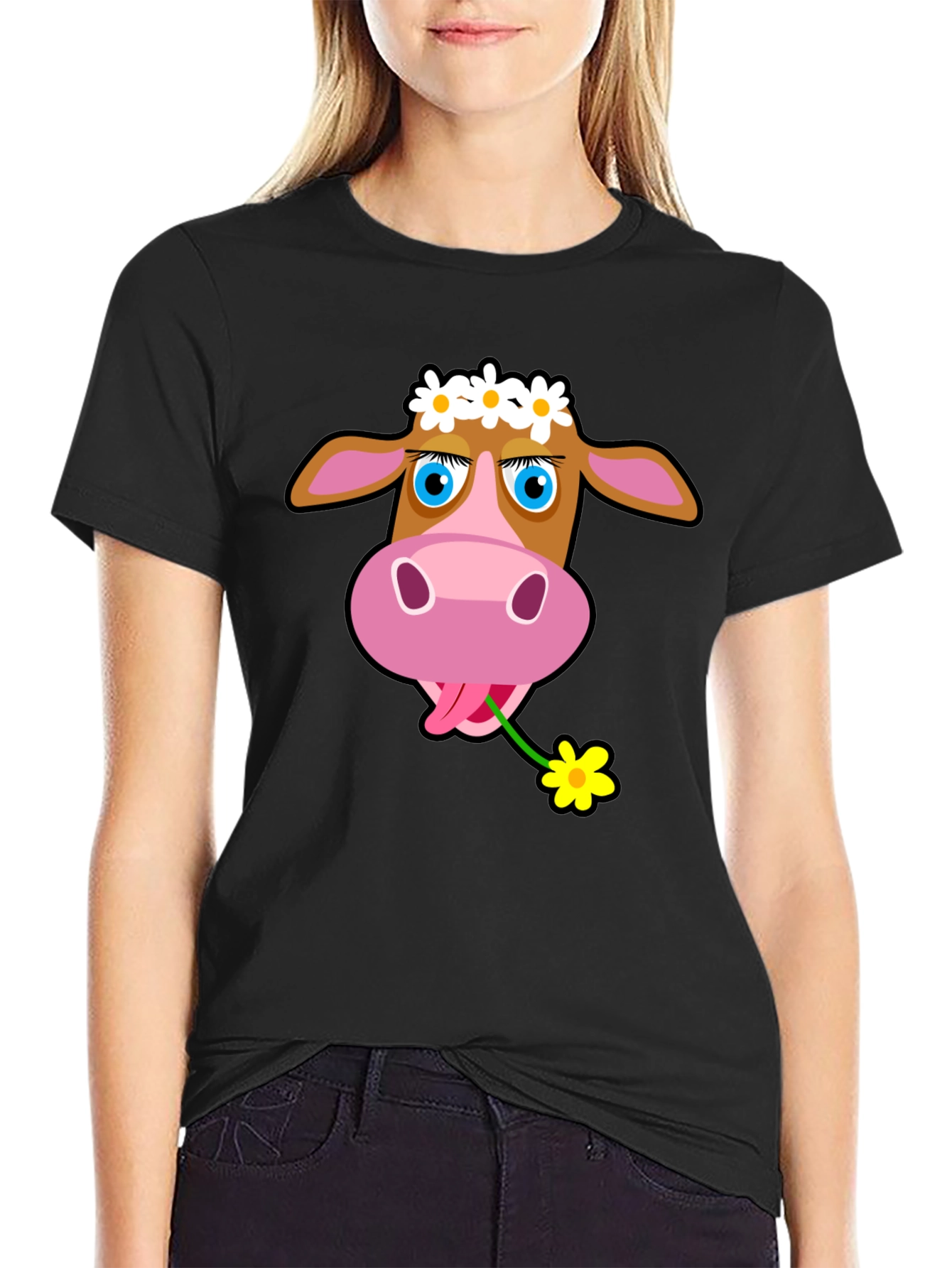 Cow with Flower T-Shirt - Black