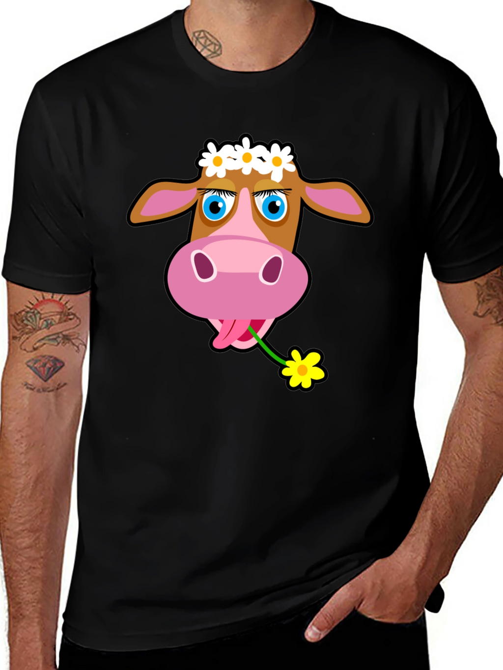 Cow with Flower T-Shirt - Black