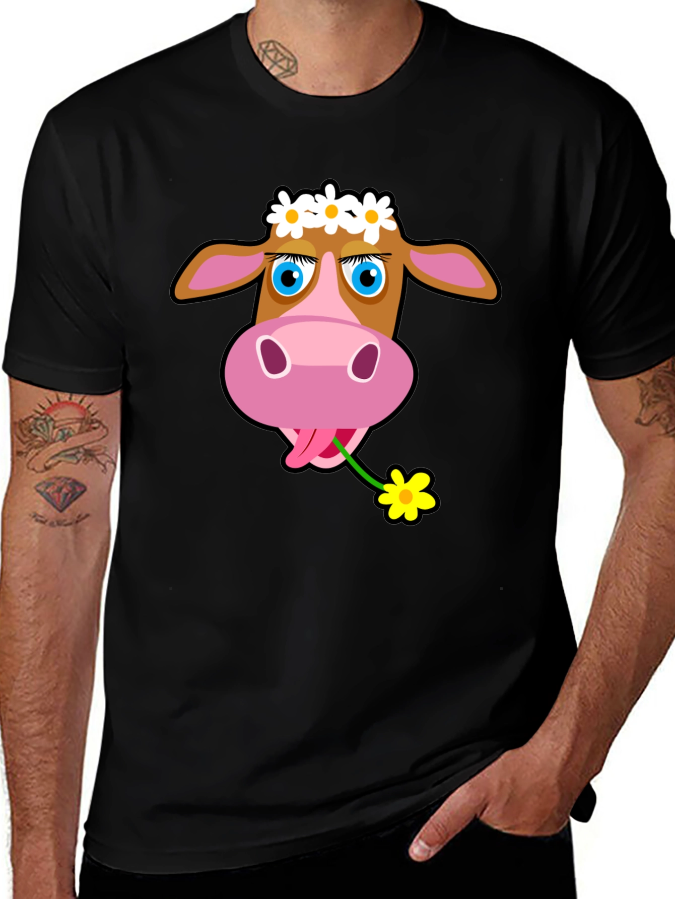 Cow with Flower T-Shirt - Black