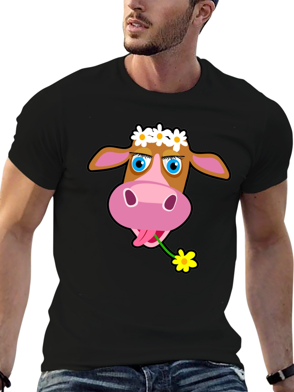 Cow with Flower T-Shirt - Black