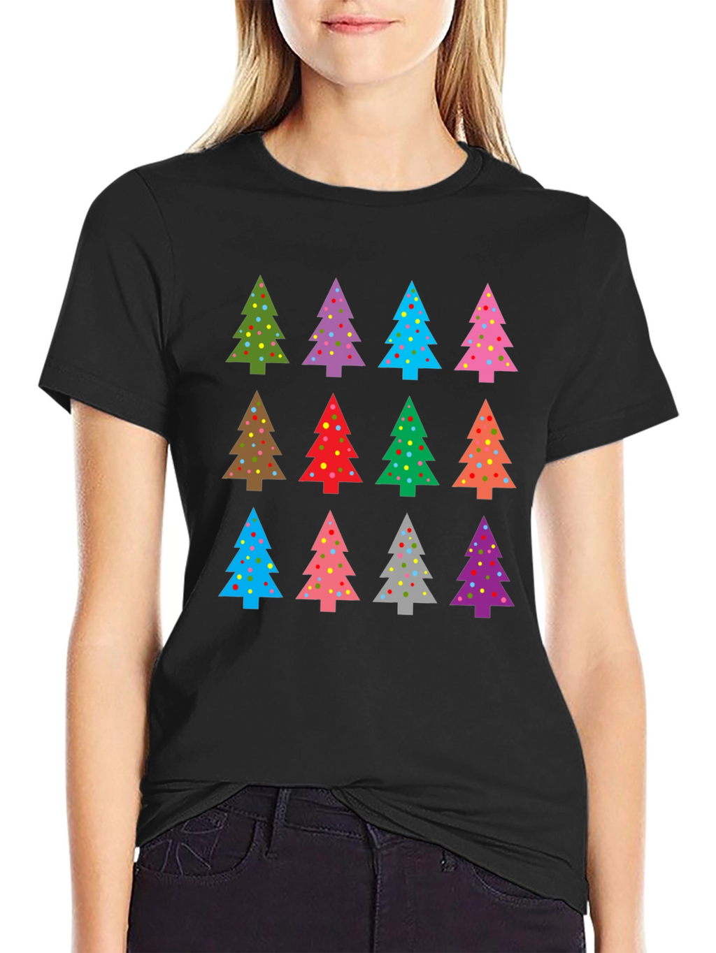 Festive Christmas Tree Pattern Black T-Shirt