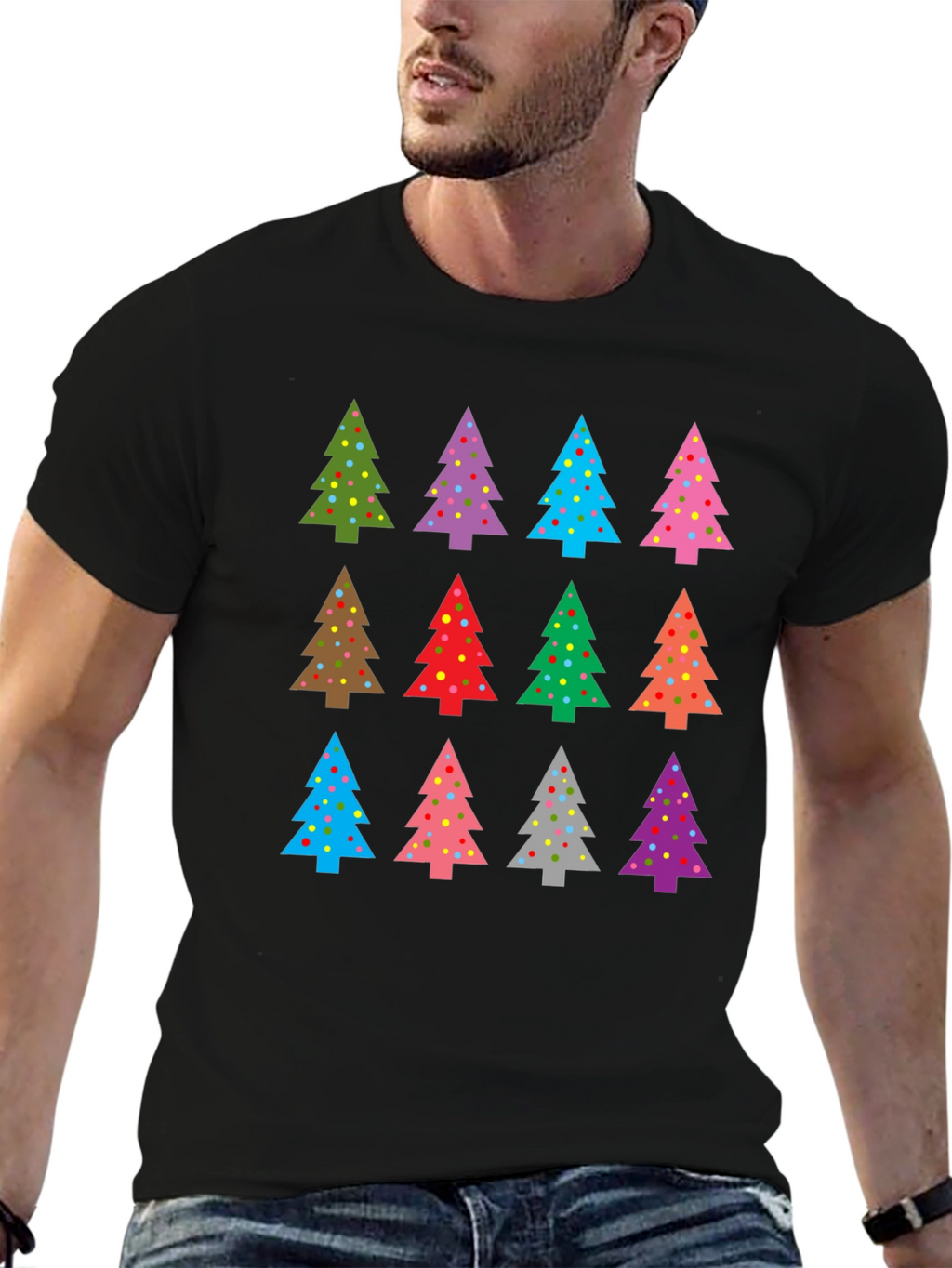 Festive Christmas Tree Pattern Black T-Shirt