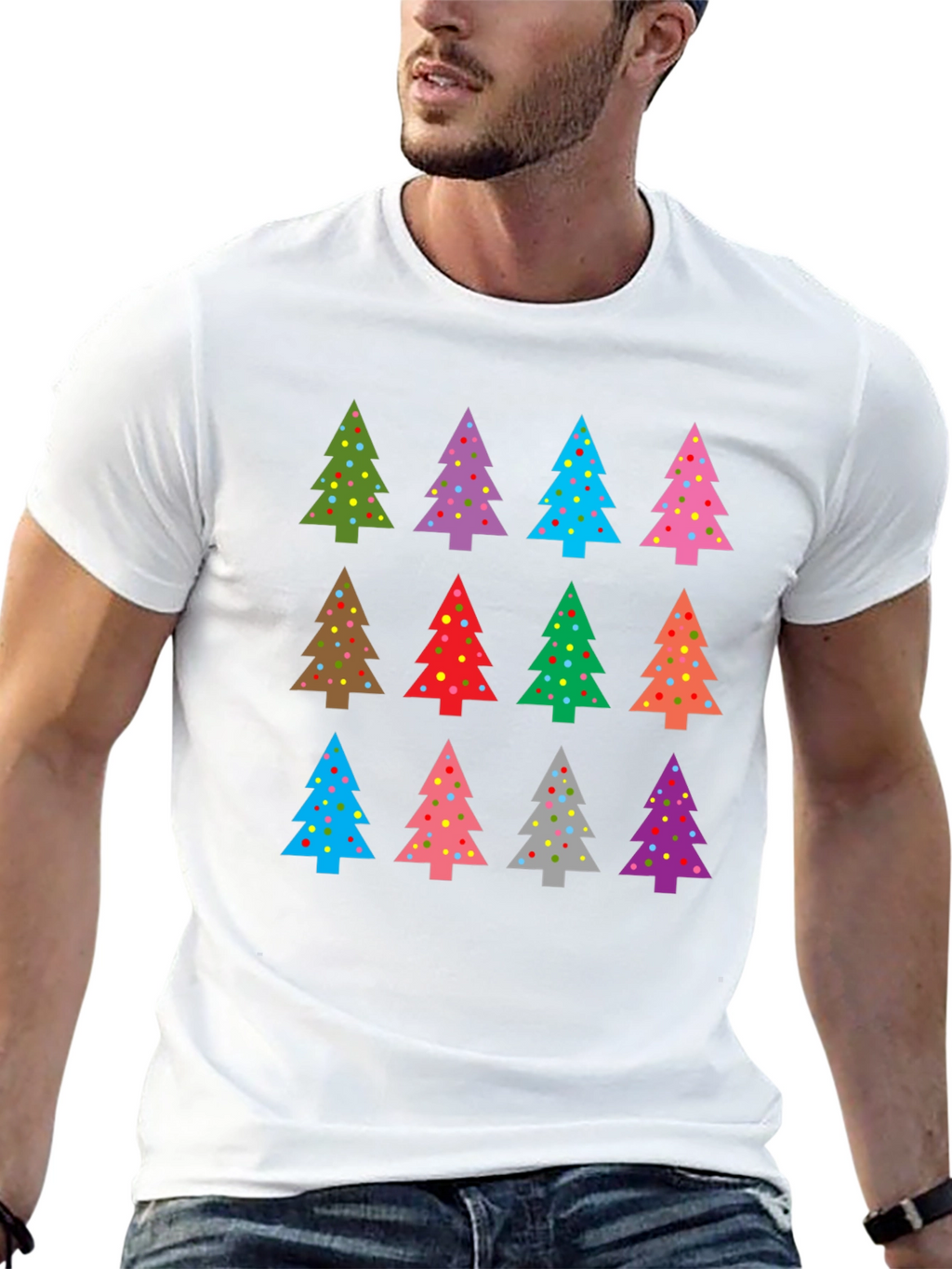 Festive Christmas Tree Pattern Black T-Shirt