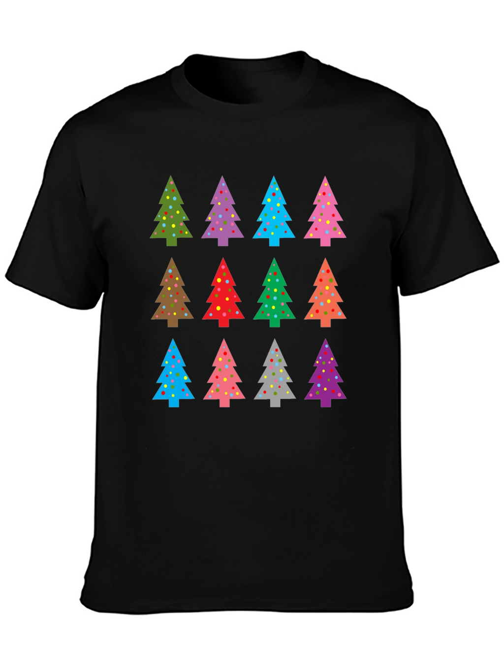 Festive Christmas Tree Pattern Black T-Shirt