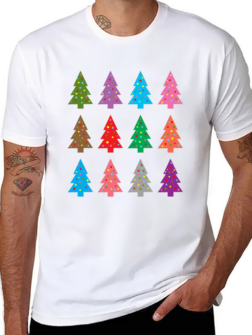 Festive Christmas Tree Pattern Black T-Shirt