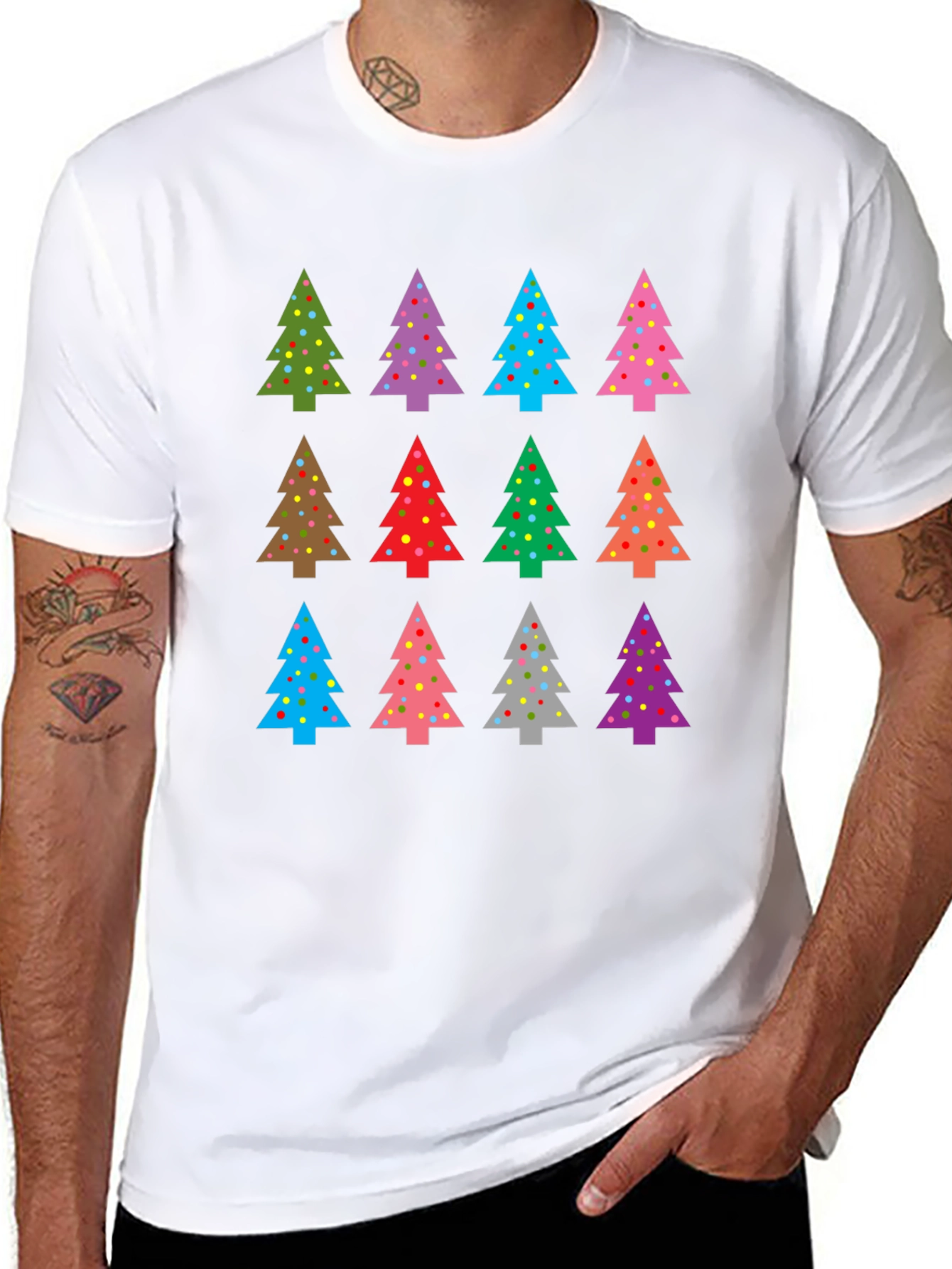 Festive Christmas Tree Pattern Black T-Shirt