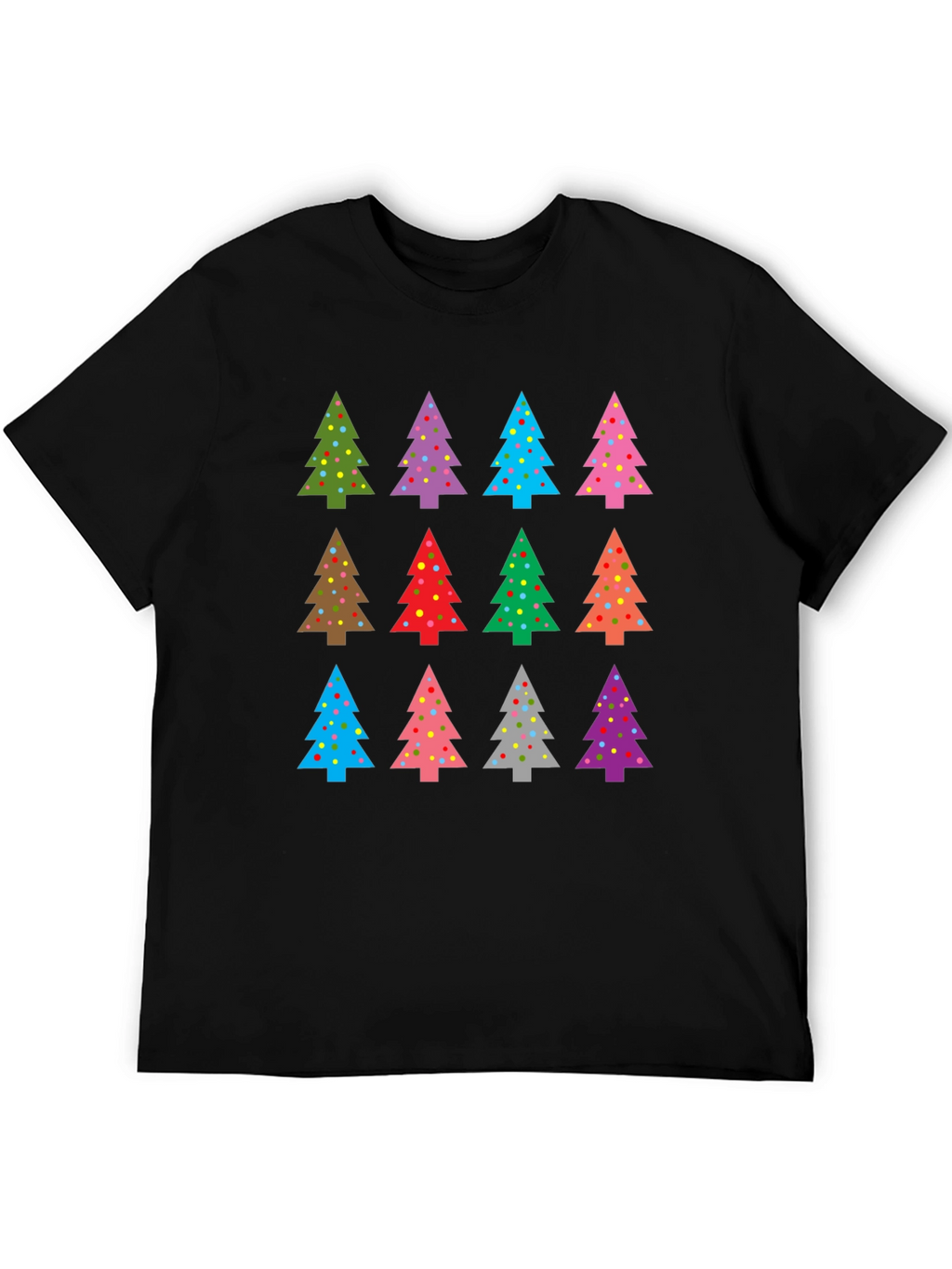 Festive Christmas Tree Pattern Black T-Shirt