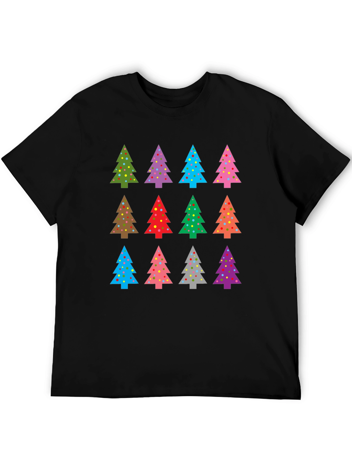 Festive Christmas Tree Pattern Black T-Shirt