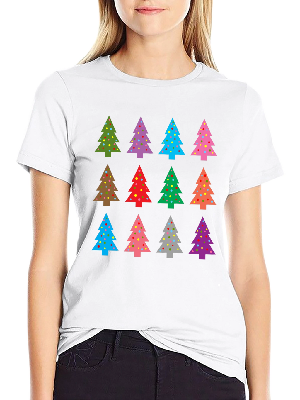 Festive Christmas Tree Pattern Black T-Shirt