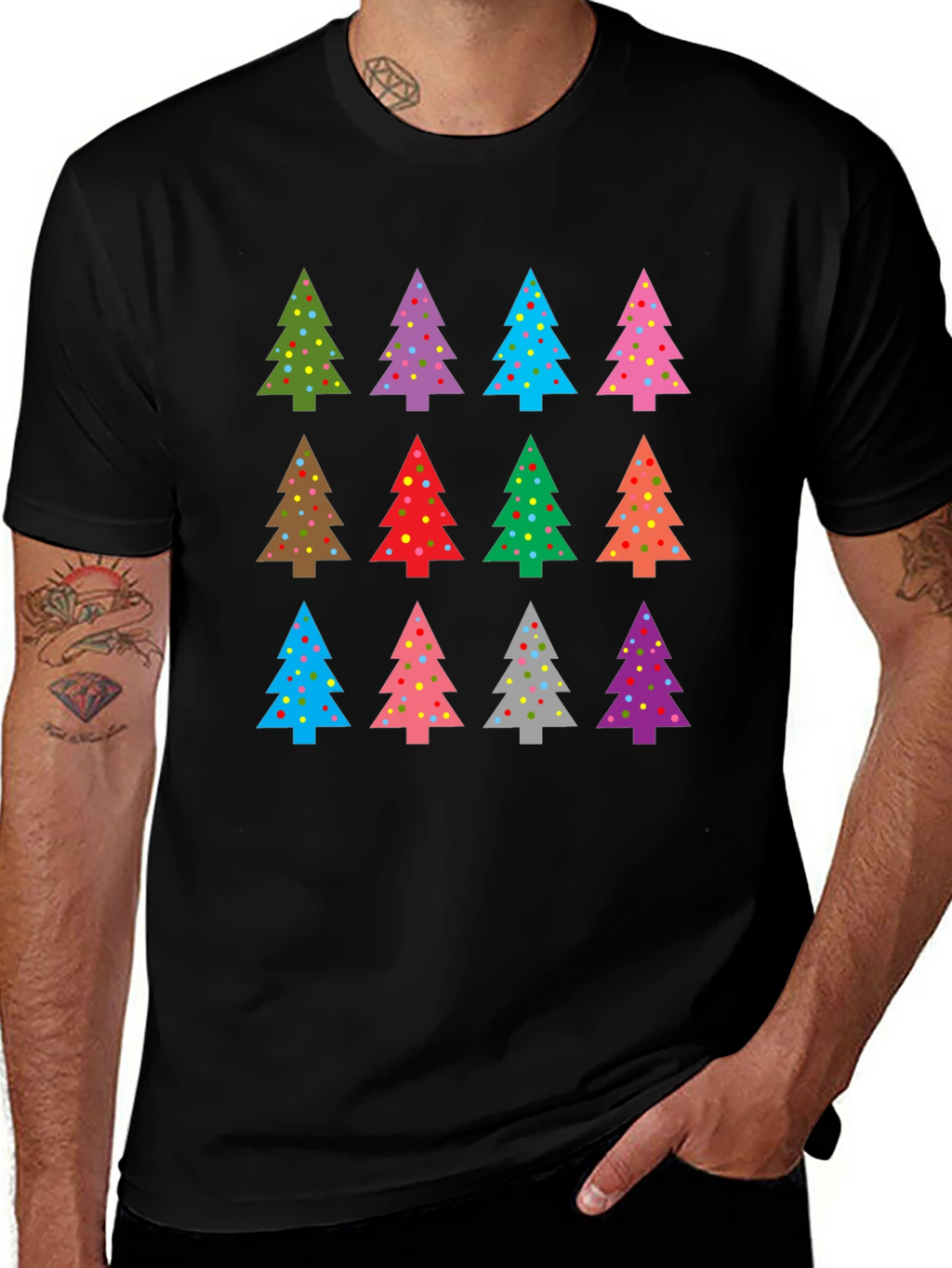 Festive Christmas Tree Pattern Black T-Shirt
