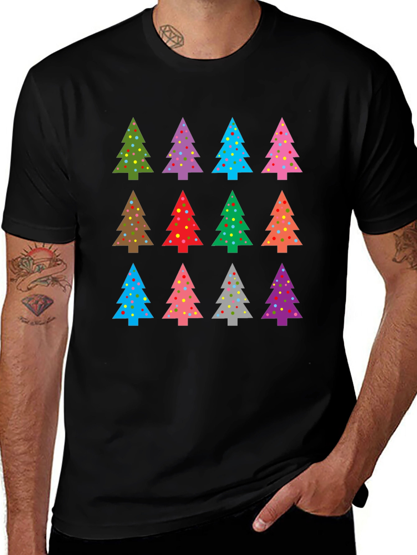 Festive Christmas Tree Pattern Black T-Shirt