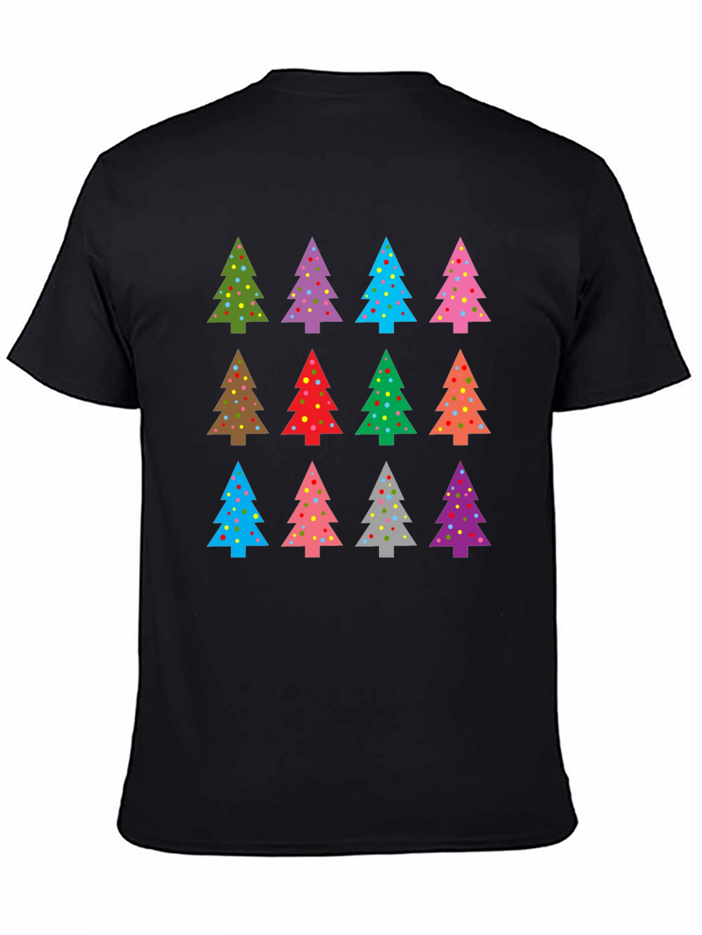Festive Christmas Tree Pattern Black T-Shirt