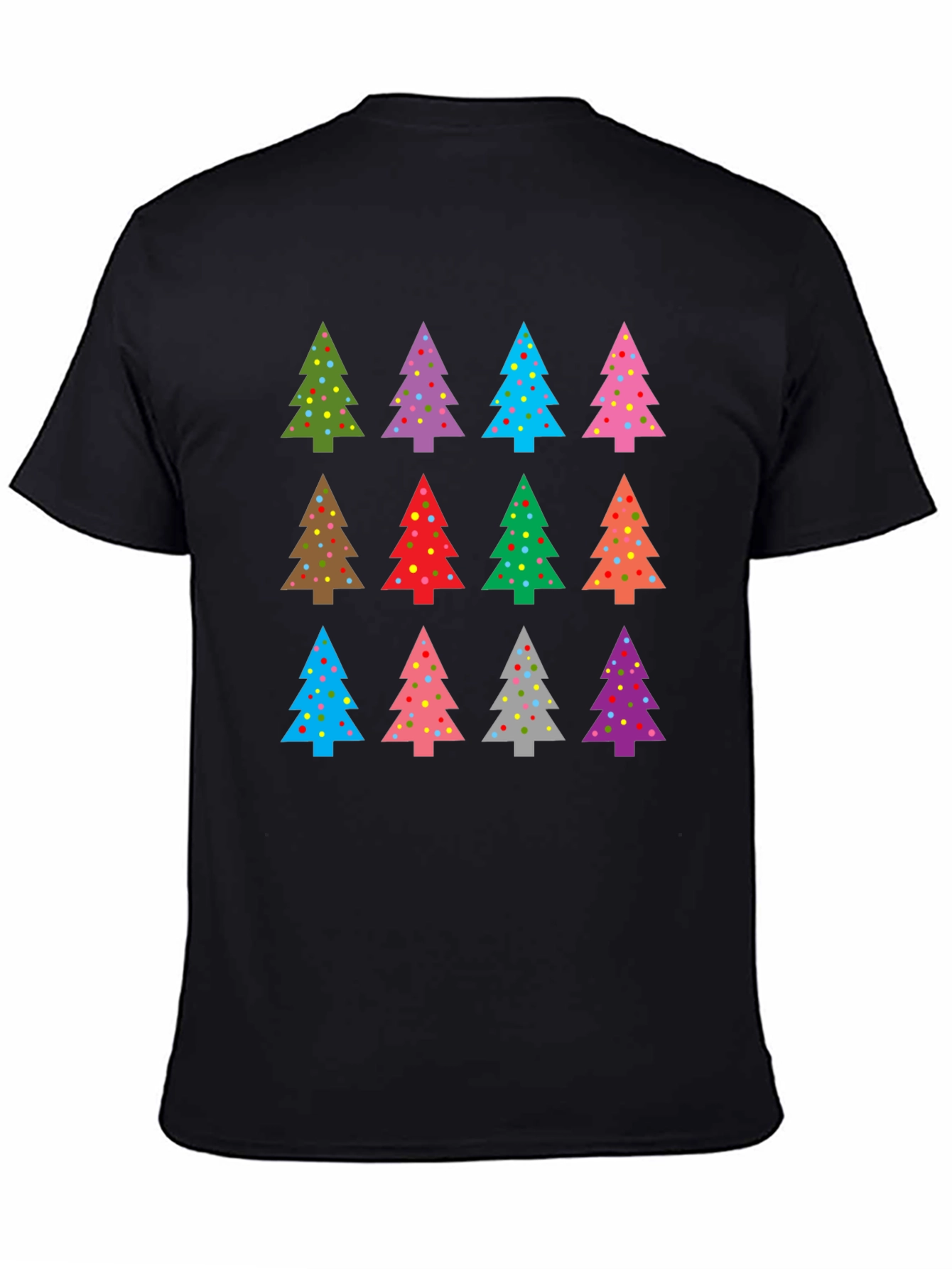 Festive Christmas Tree Pattern Black T-Shirt