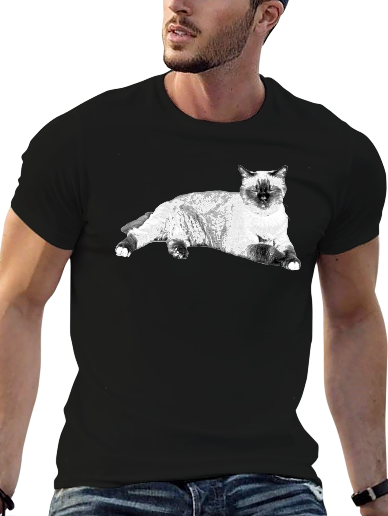 Siamese Cat Graphic Tee - Black Cotton Comfort