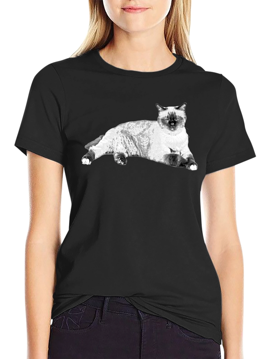 Siamese Cat Graphic Tee - Black Cotton Comfort
