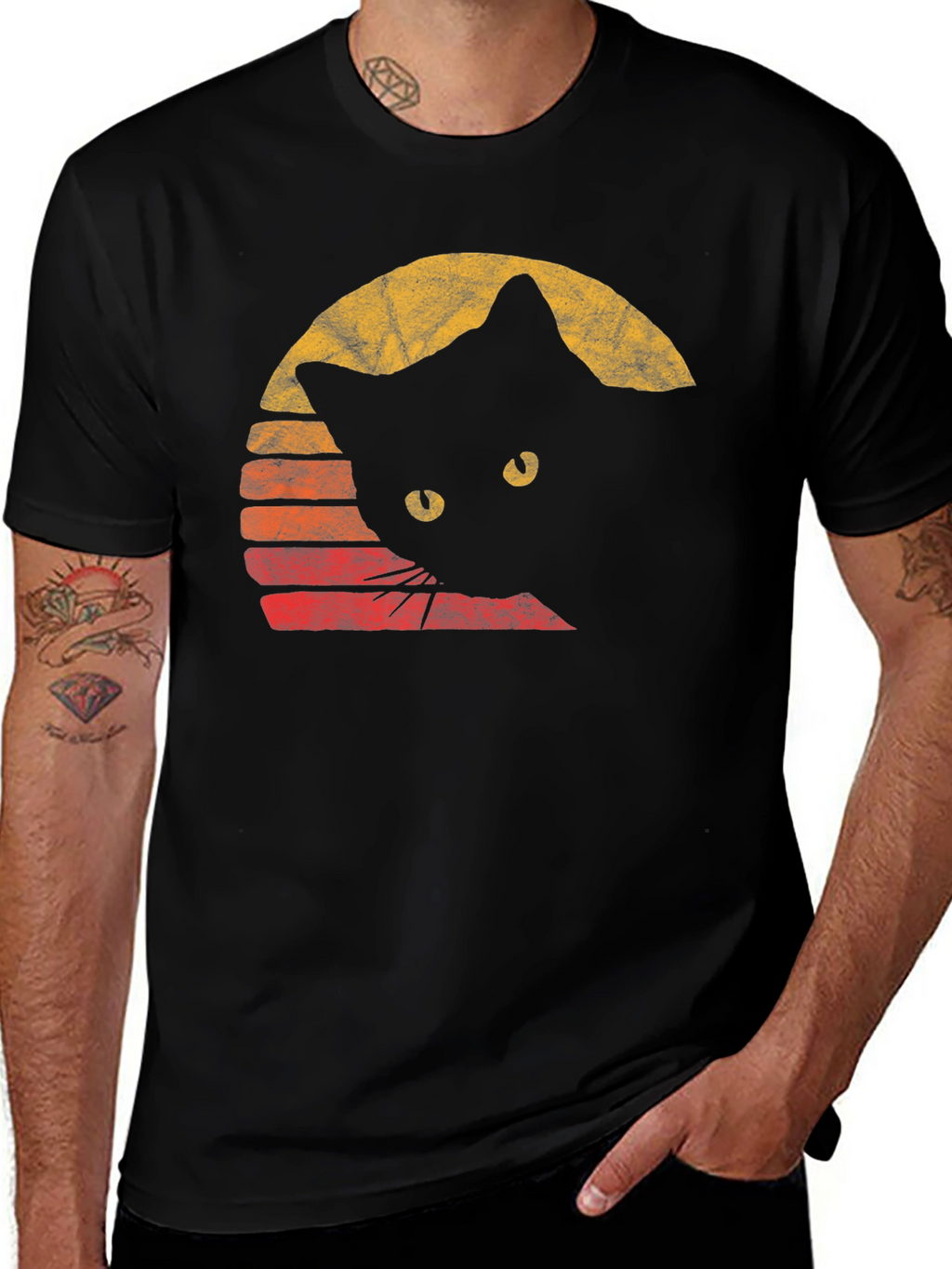 Retro Cat Graphic Tee - Black Cotton Comfort