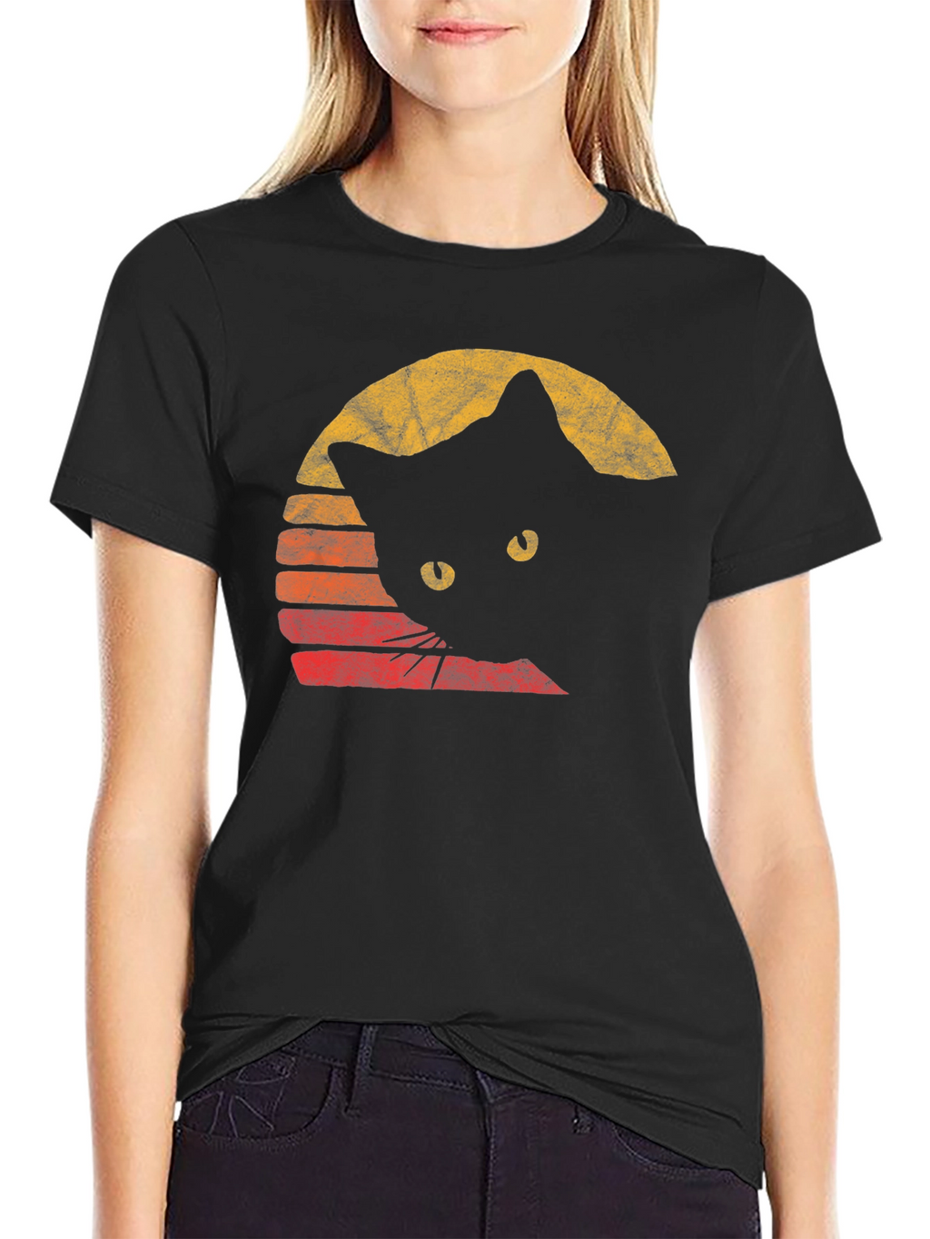 Retro Cat Graphic Tee - Black Cotton Comfort
