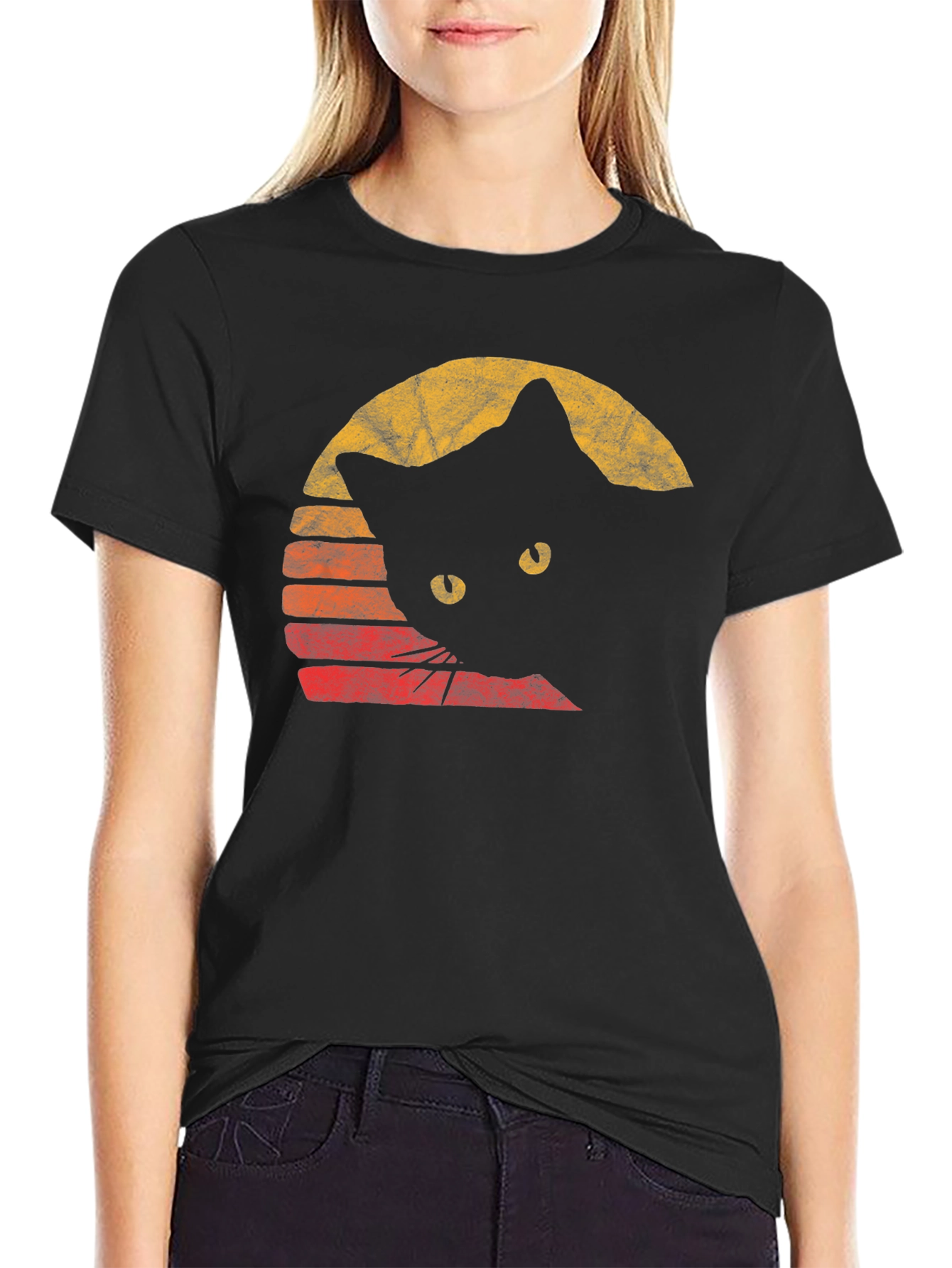 Retro Cat Graphic Tee - Black Cotton Comfort