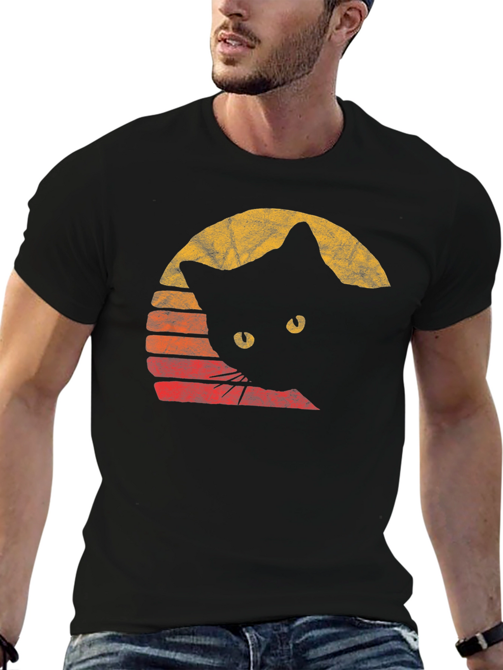 Retro Cat Graphic Tee - Black Cotton Comfort