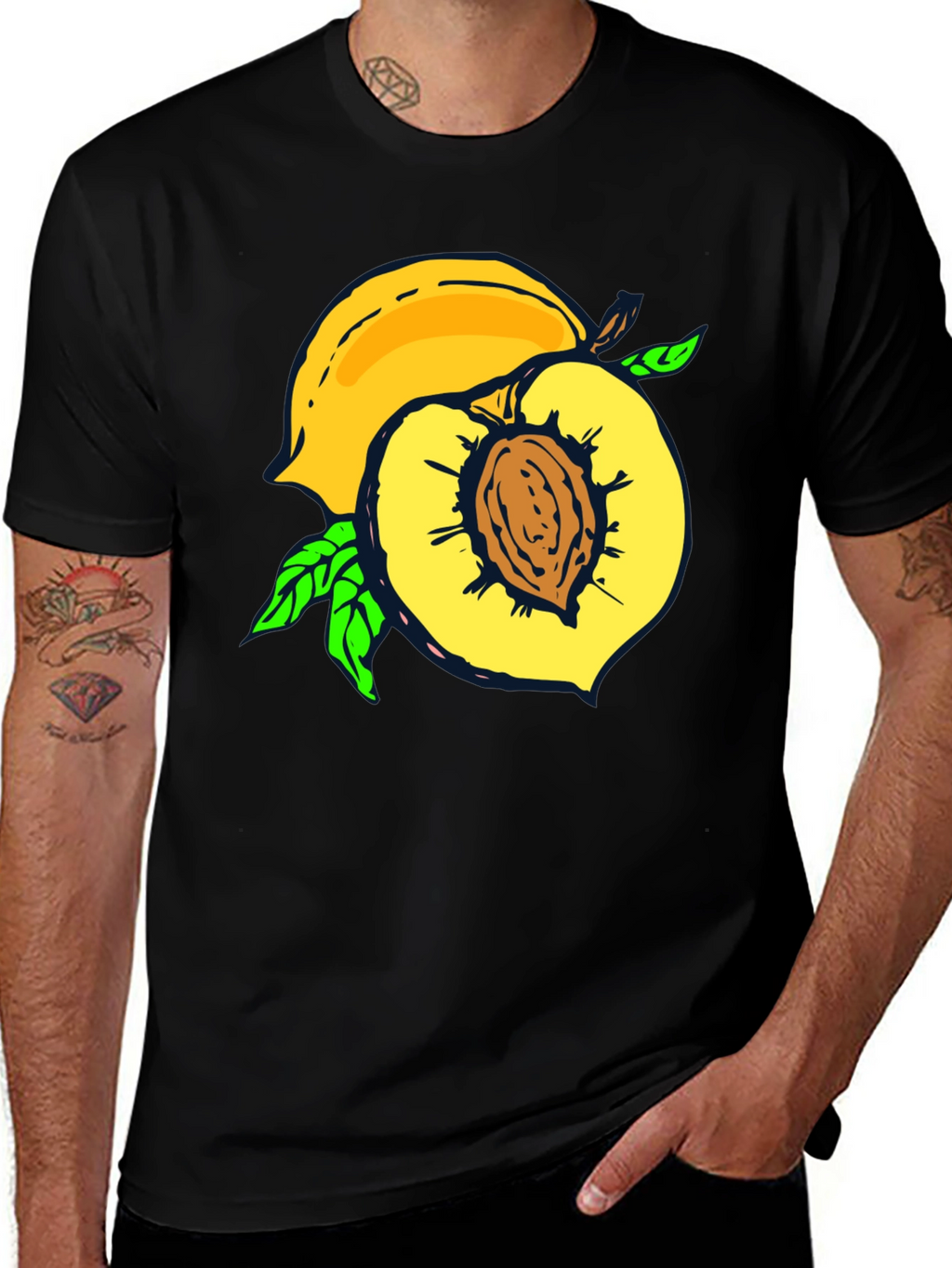 Peach Graphic Tee - Fruit Lovers Casual Black T-Shirt