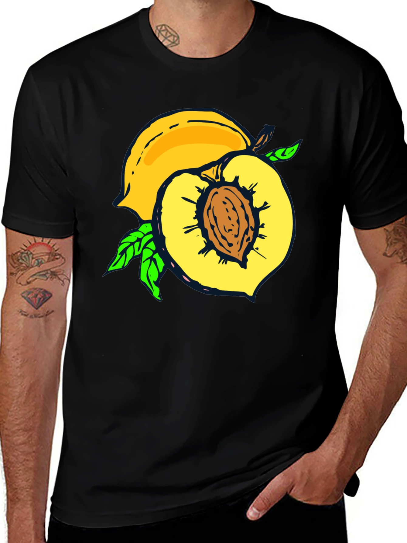 Peach Graphic Tee - Fruit Lovers Casual Black T-Shirt
