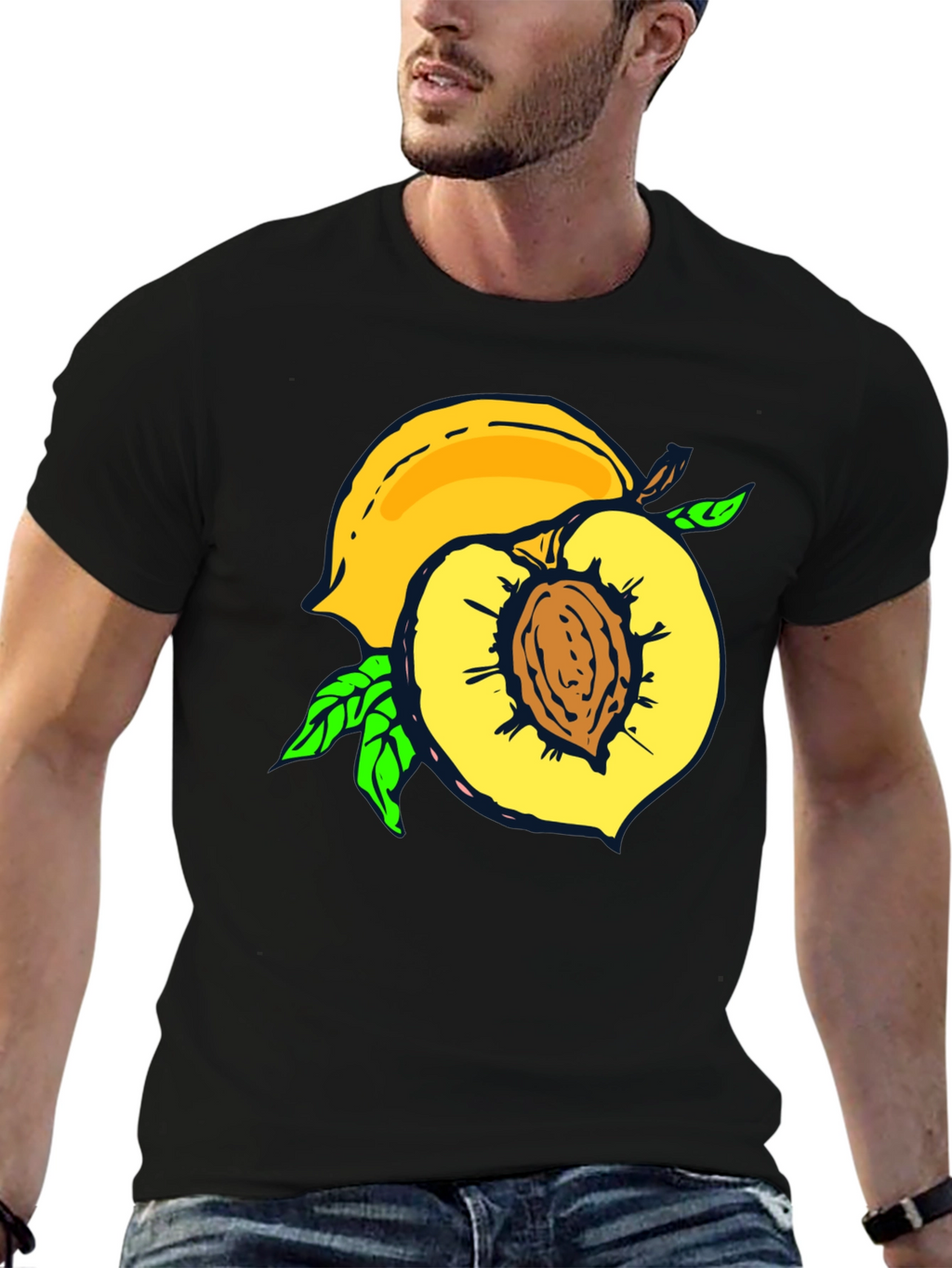 Peach Graphic Tee - Fruit Lovers Casual Black T-Shirt