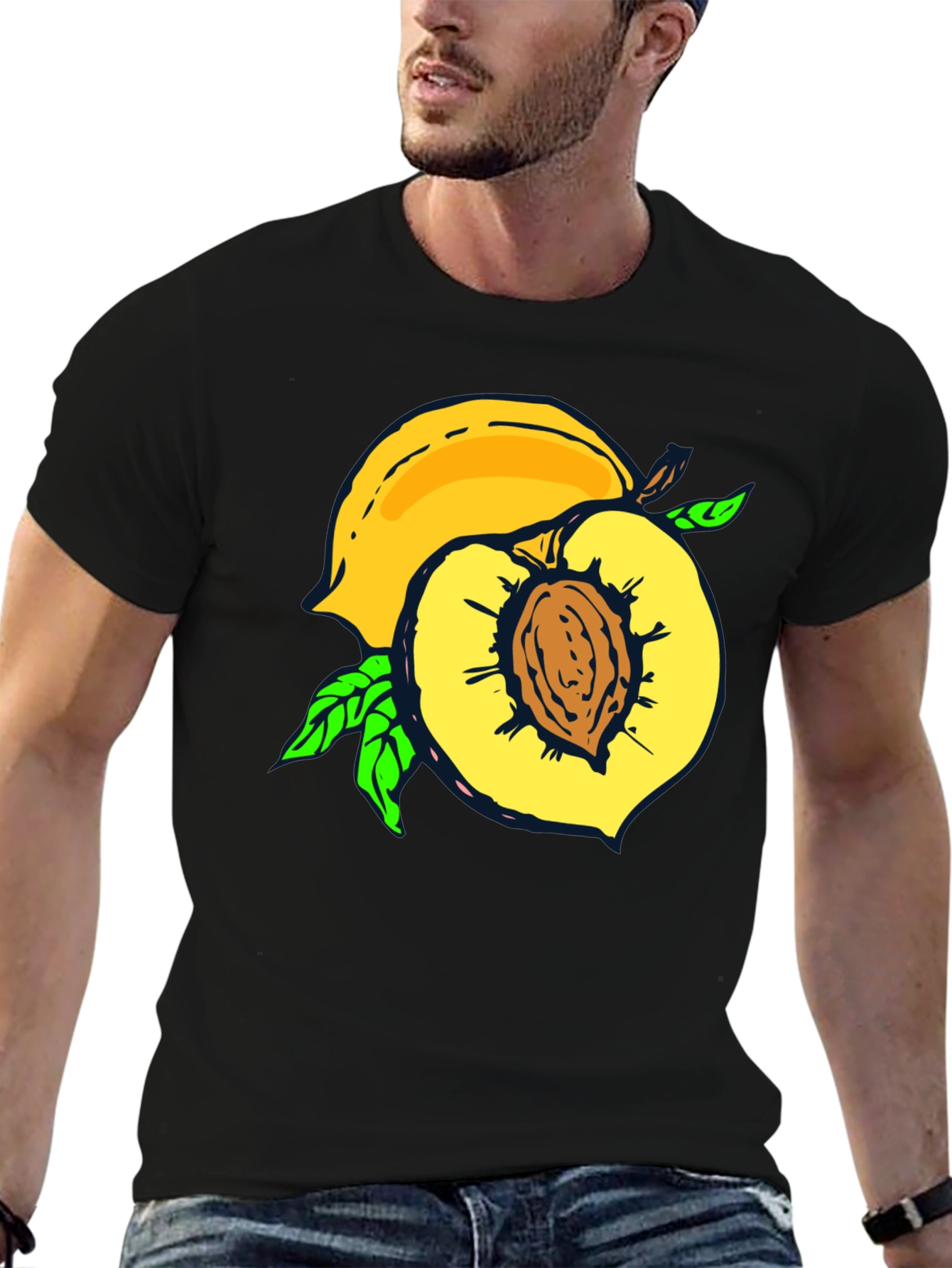 Peach Graphic Tee - Fruit Lovers Casual Black T-Shirt