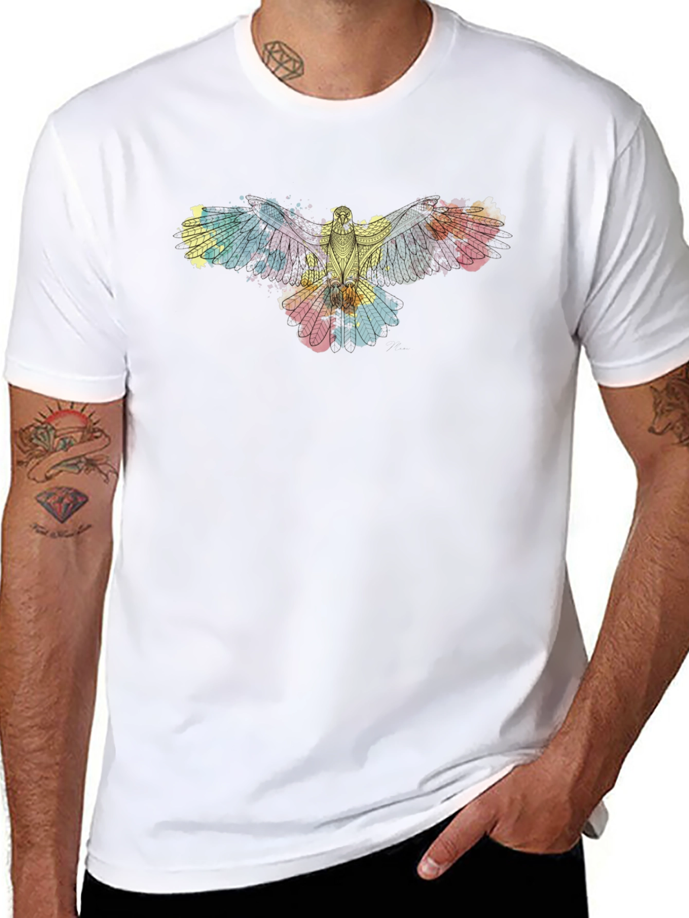 Abstract Bird Print Black T-Shirt