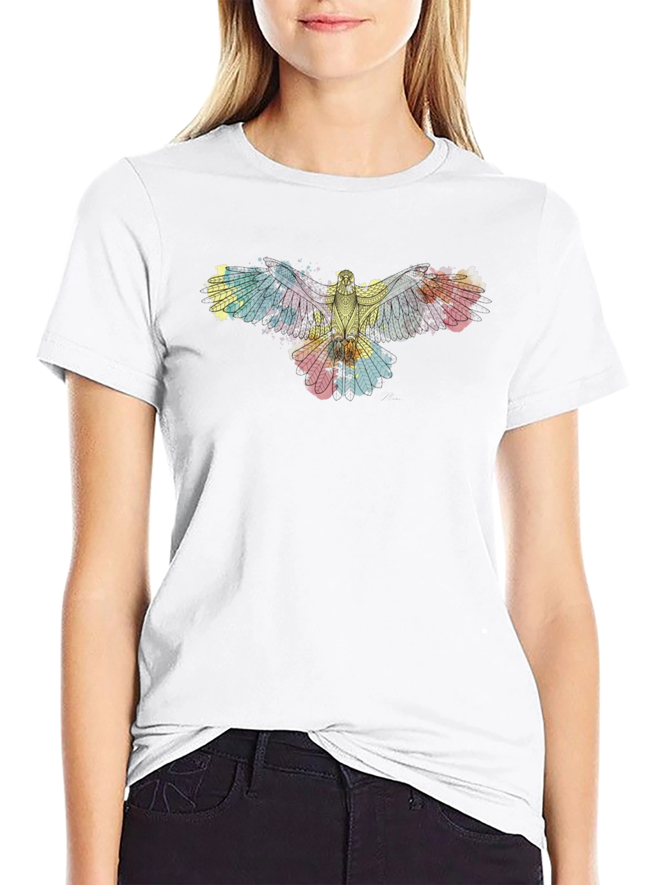 Abstract Bird Print Black T-Shirt