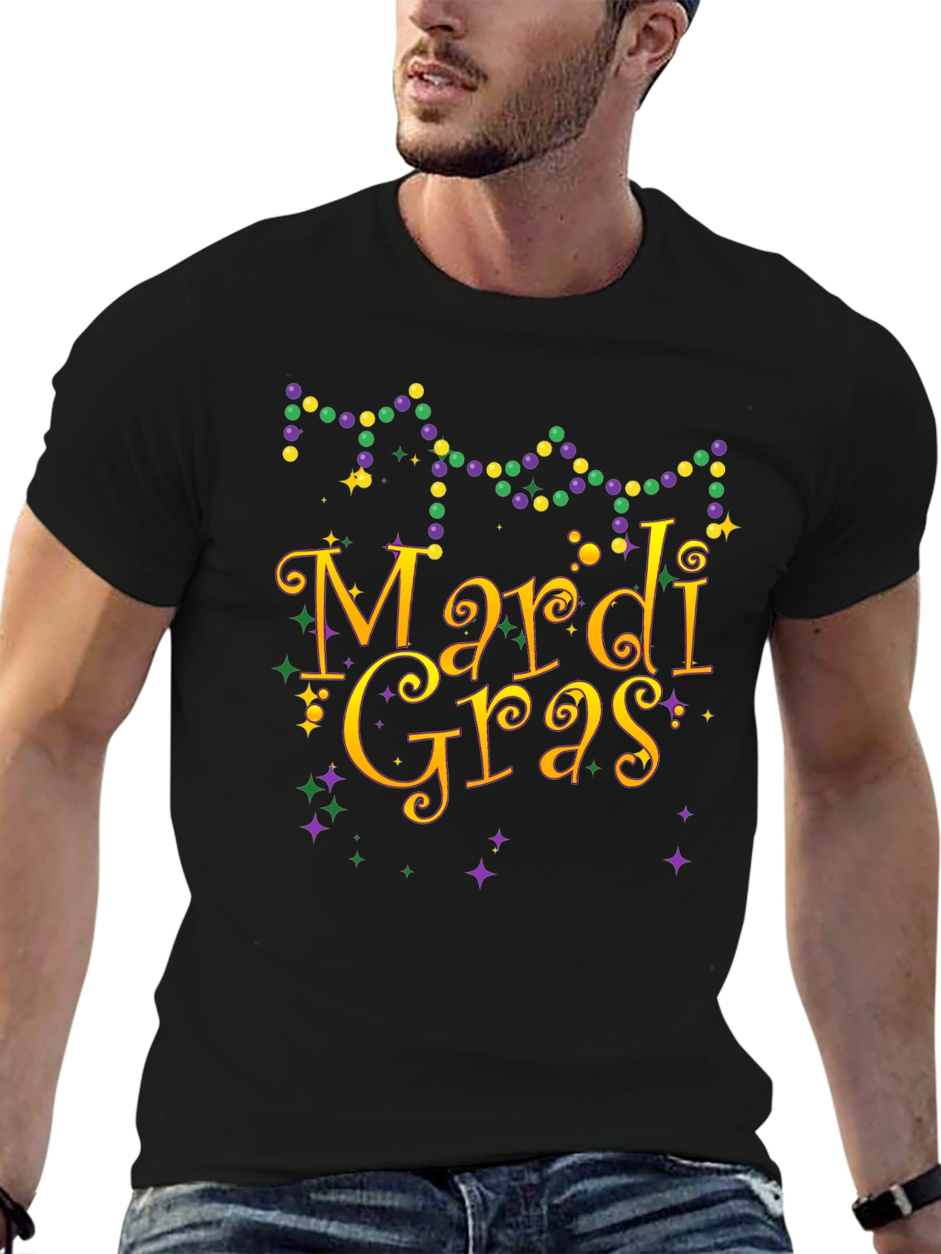 Mardi Gras T-Shirt Beads Gold Purple Green Graphic Tee