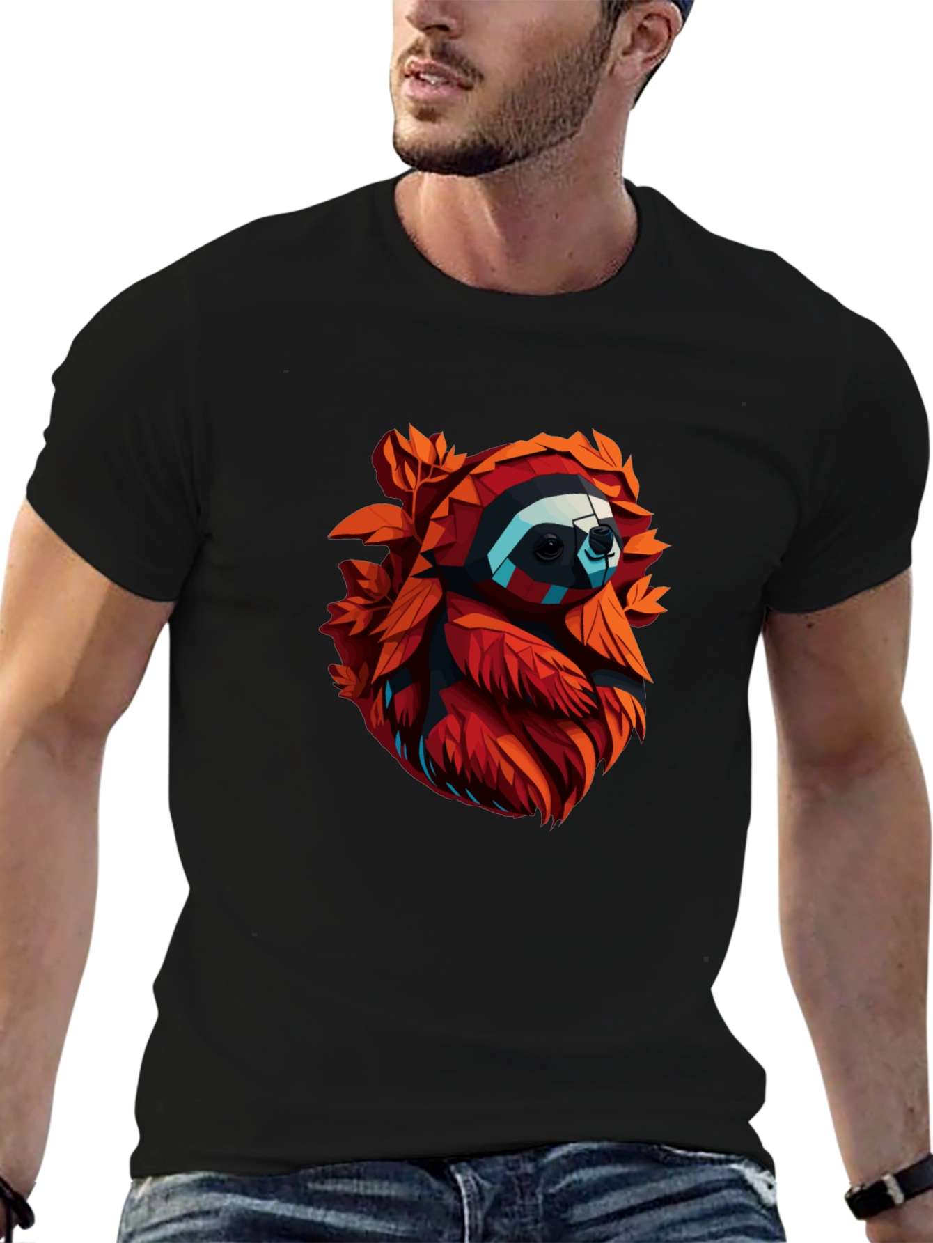 Geometric Sloth Graphic Tee - Cool Mens Black T-Shirt