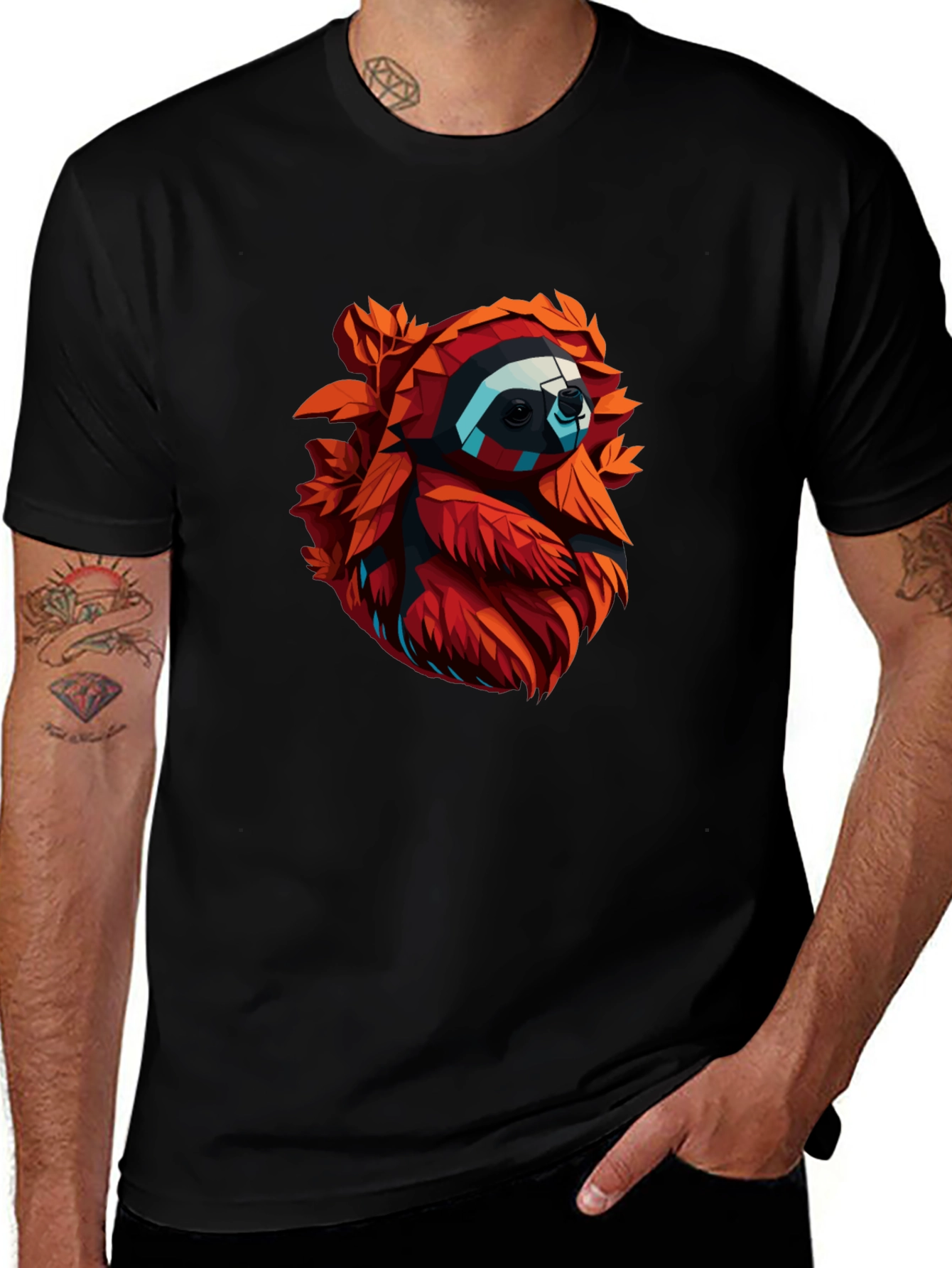 Geometric Sloth Graphic Tee - Cool Mens Black T-Shirt
