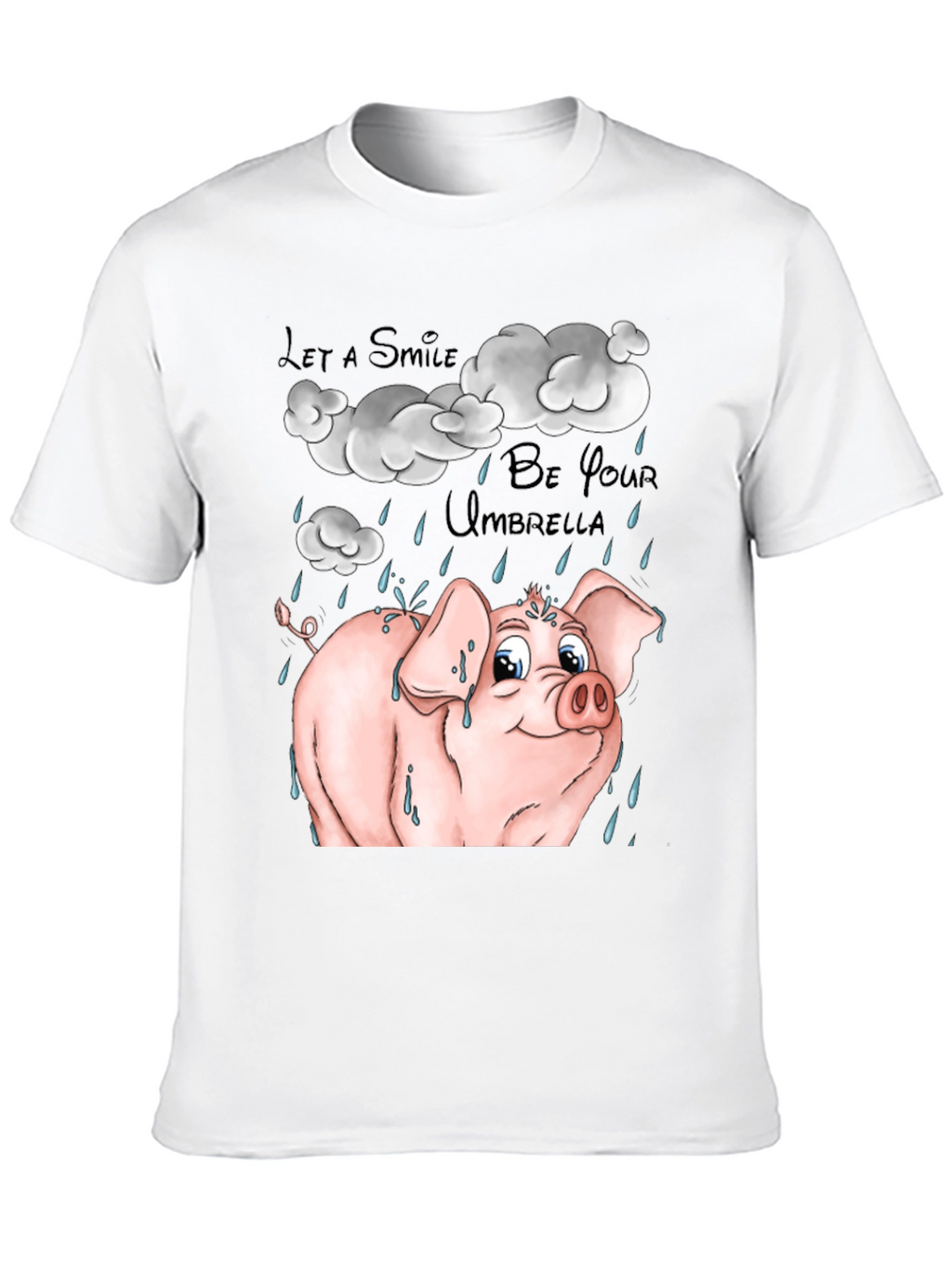 Smiling Pig in Rain Black Graphic T-Shirt