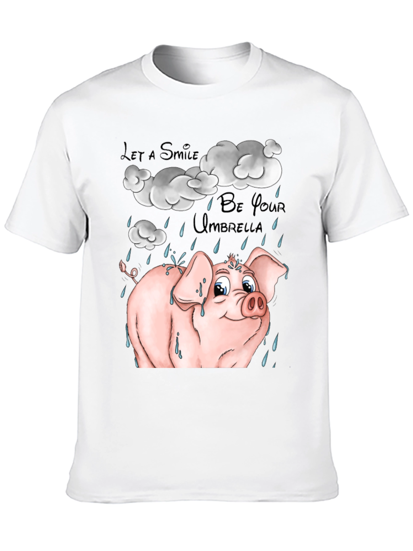 Smiling Pig in Rain Black Graphic T-Shirt