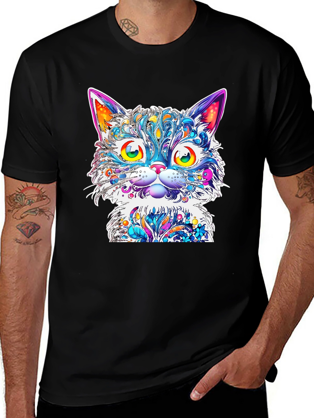 Vibrant Psychedelic Cat Graphic T-Shirt
