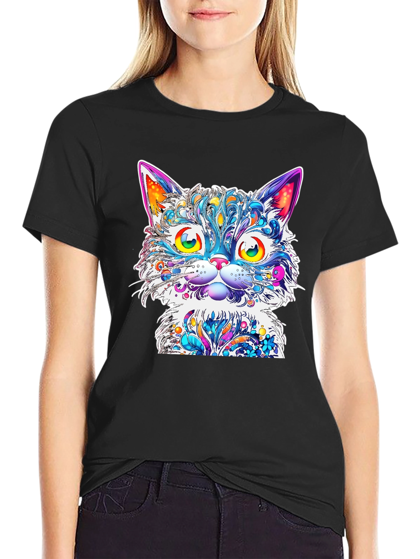 Vibrant Psychedelic Cat Graphic T-Shirt