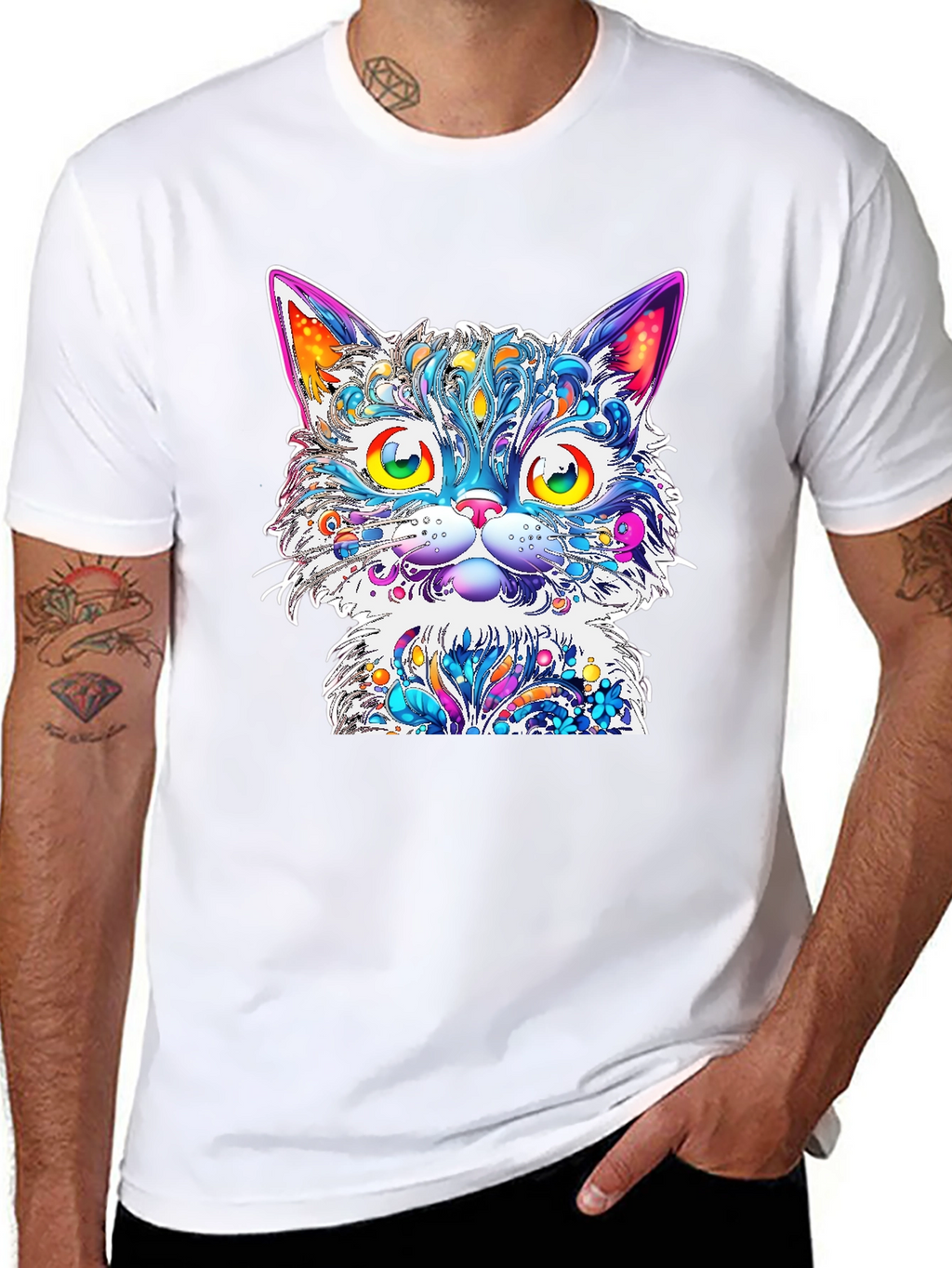 Vibrant Psychedelic Cat Graphic T-Shirt
