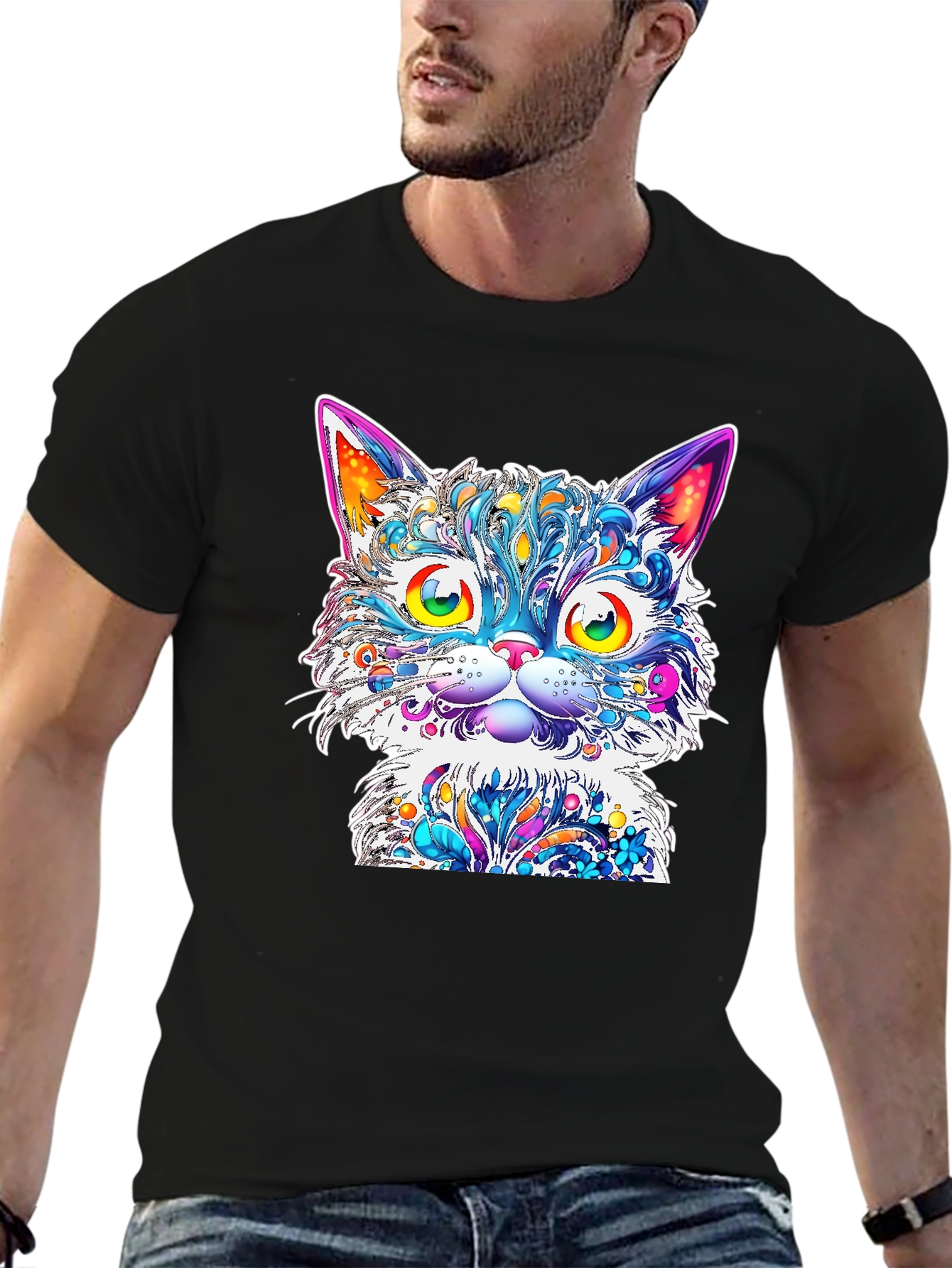 Vibrant Psychedelic Cat Graphic T-Shirt