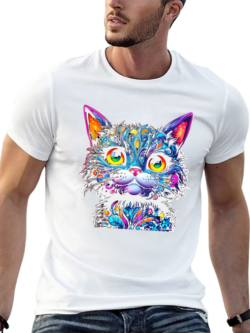 Vibrant Psychedelic Cat Graphic T-Shirt