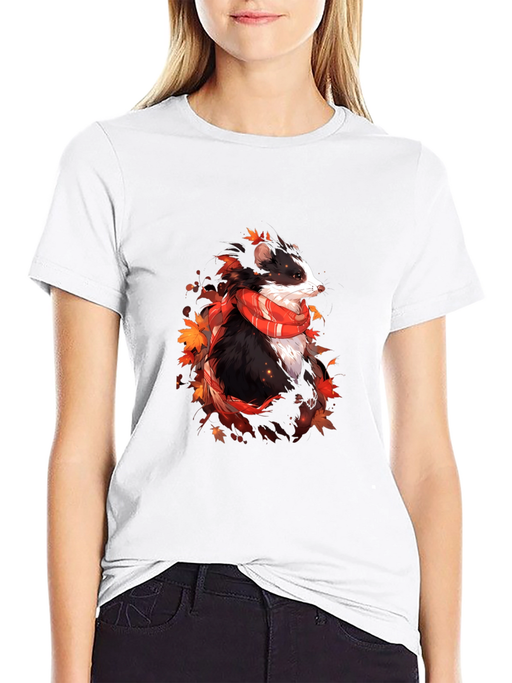 Whimsical Badger Graphic Tee - Autumn Scarf Design