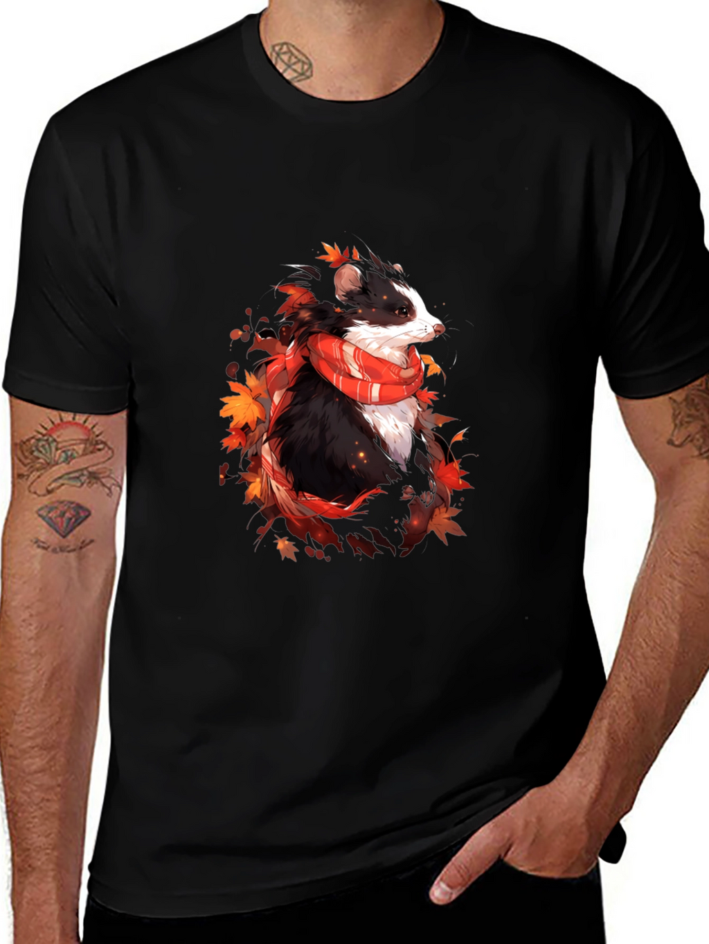 Whimsical Badger Graphic Tee - Autumn Scarf Design