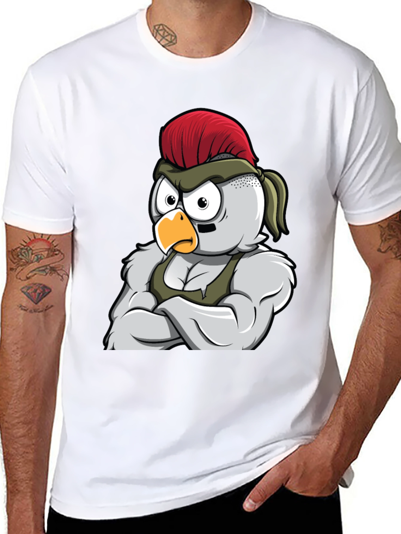 Black T-Shirt with Muscular Chicken Graphic