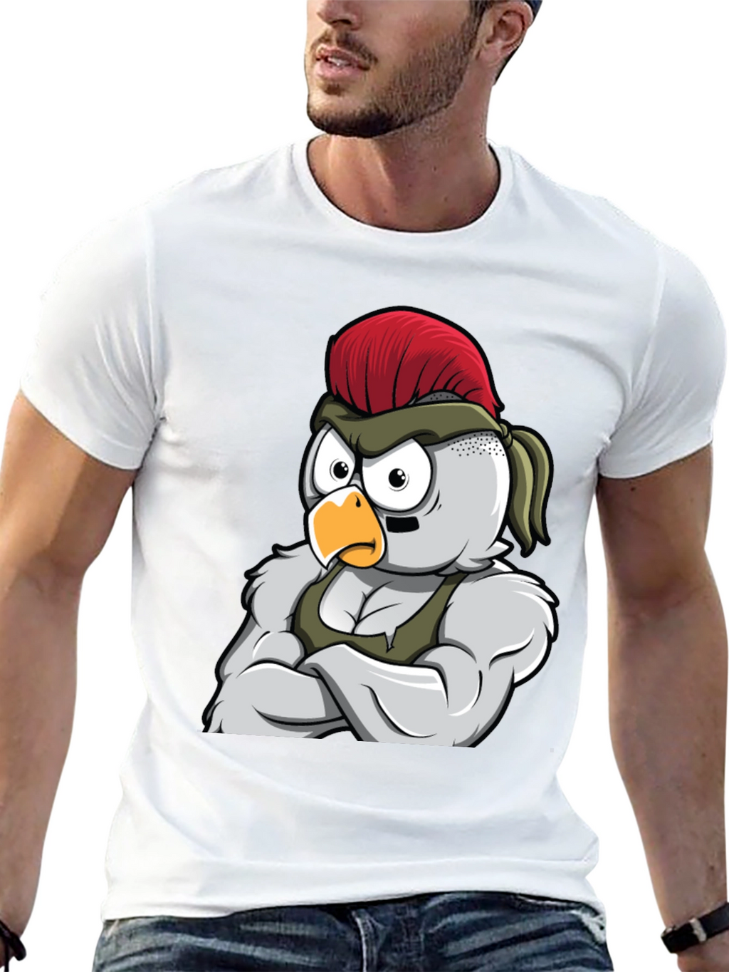 Black T-Shirt with Muscular Chicken Graphic