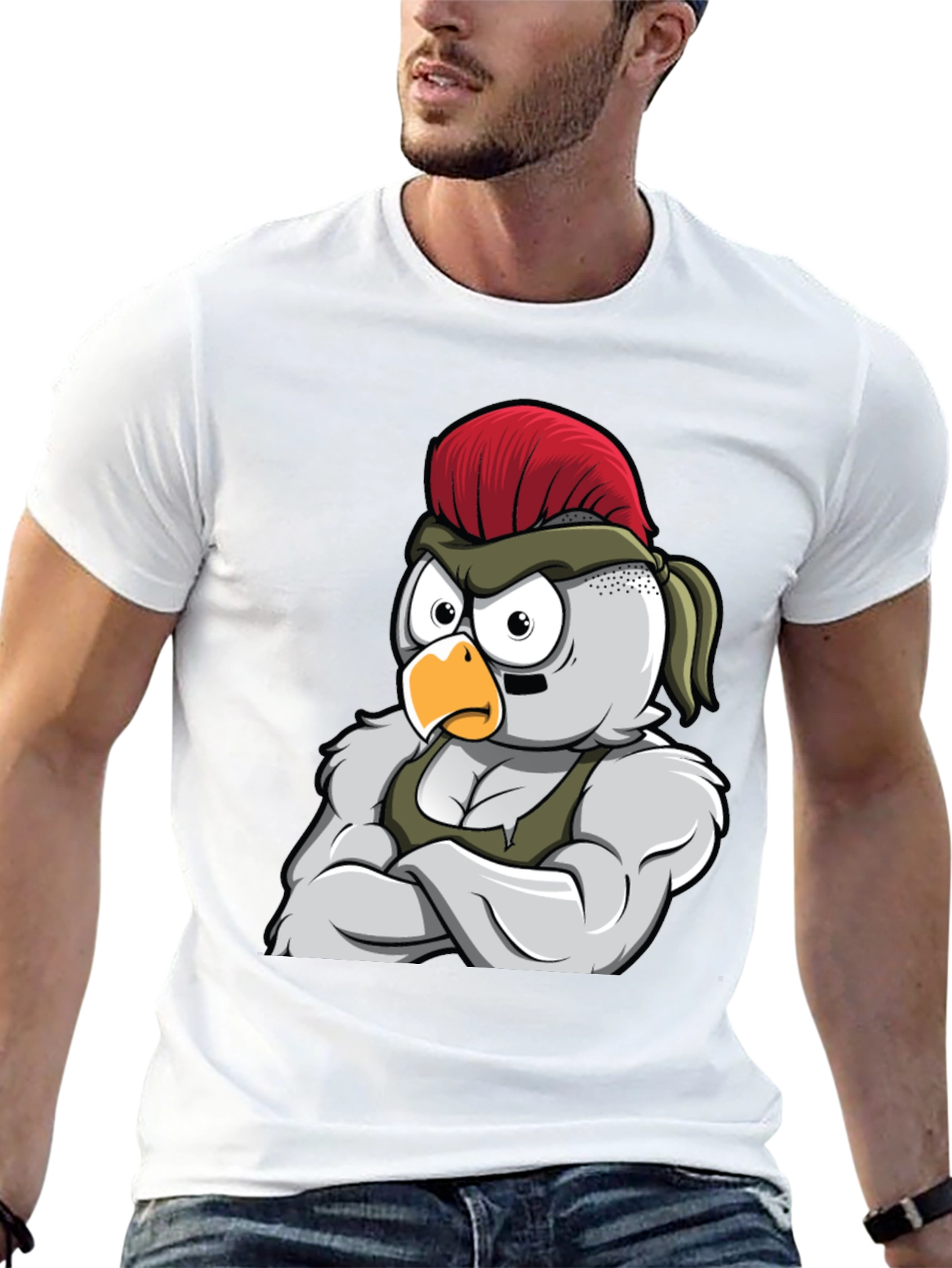 Black T-Shirt with Muscular Chicken Graphic