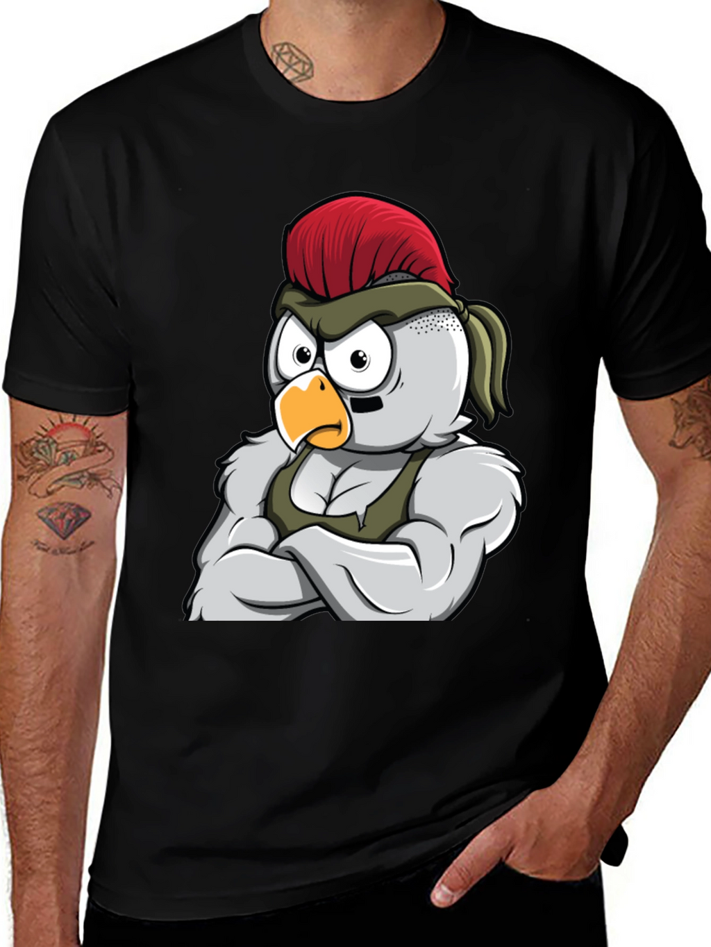 Black T-Shirt with Muscular Chicken Graphic